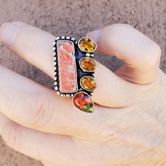 New Sea Sediment, Citrine, Tourmaline 925 Silver Ring. - Picture 2 of 16